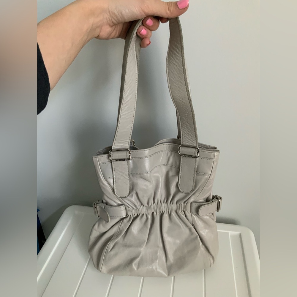 RUDSAK Grained Leather Light Grey Shoulder Small Side Buckle Synched Purse Bag